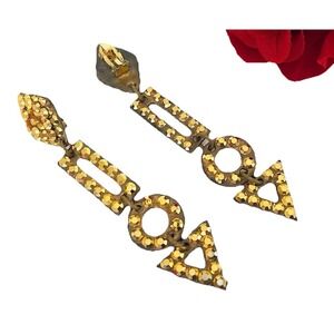 Vintage Clip On Earrings Gold Tone Pavé Rhinestone Geometric Dangle 50s EC1